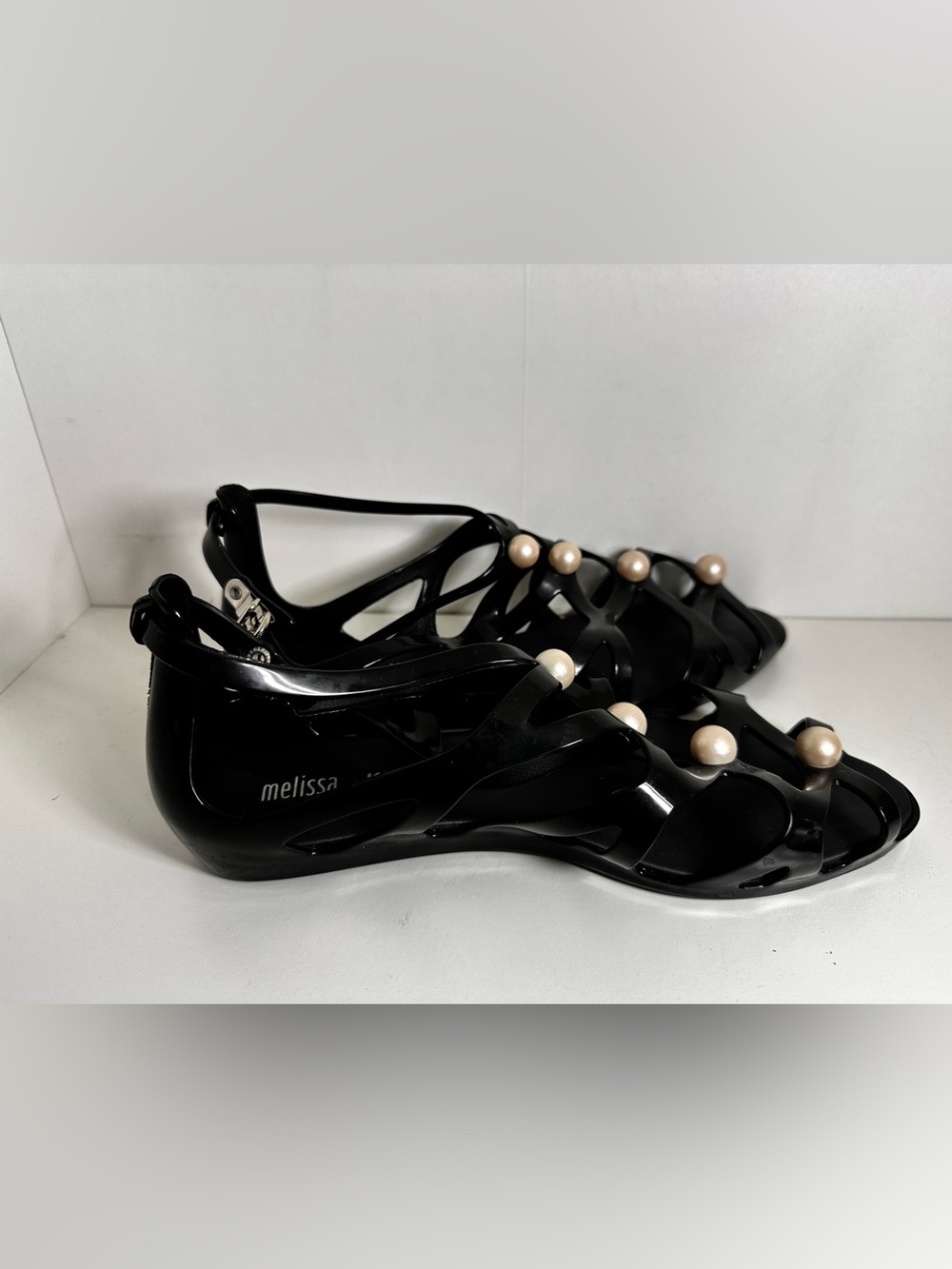 Melissa x Karl Langerfeld Black Strappy Sandals with Pearl Accents - Picture 4 of 10